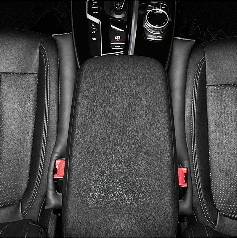 Premium black textured faux leather center console armrest cover for car interior protection.