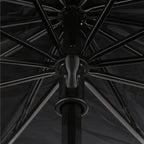 Close-up of a durable black metal umbrella frame and reinforced central shaft structure.