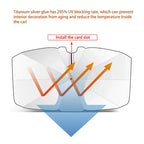 Silver titanium glue car sunshade showing UV blocking and heat reflection properties.