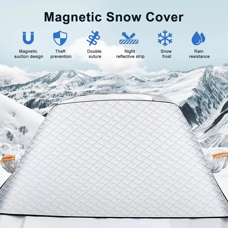 Silver magnetic snow cover for cars featuring a quilted texture and reflective safety strips.