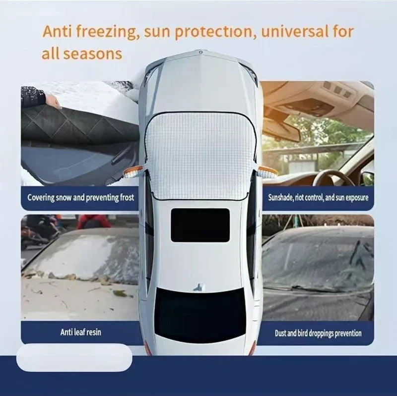 All-season white car windshield cover for sun protection, frost, and dust prevention.