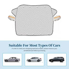 Silver quilted fabric car windshield sunshade with side mirror covers for heat protection.