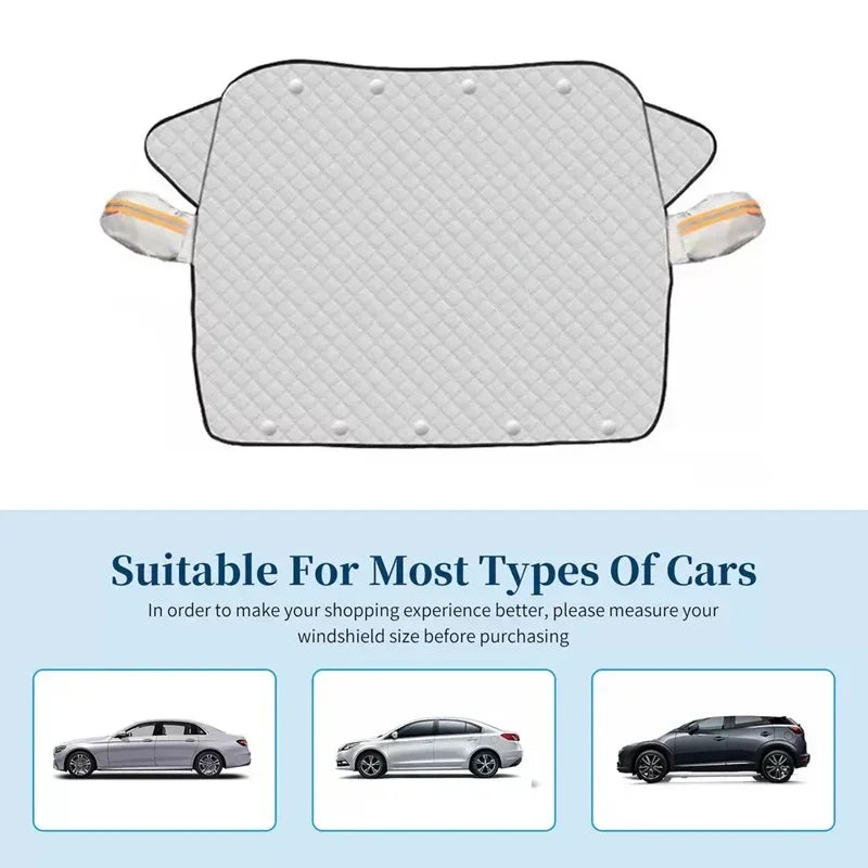 Silver quilted fabric car windshield sunshade with side mirror covers for heat protection.