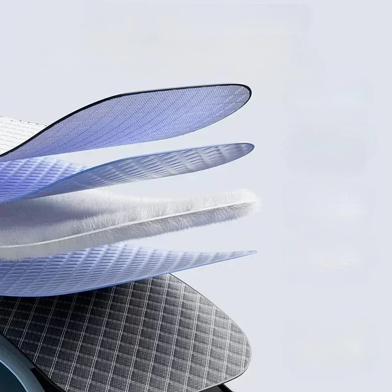 Multi-layered blue and grey textured protective film showing durable material layers.