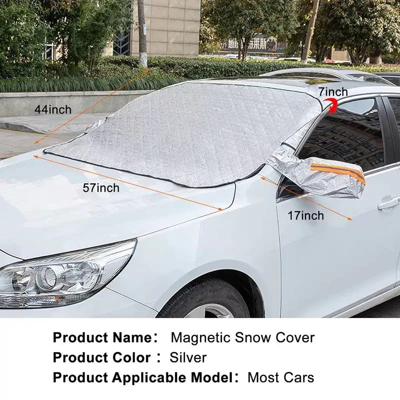 Silver magnetic snow cover for car windshield and windows, featuring a quilted protective material.