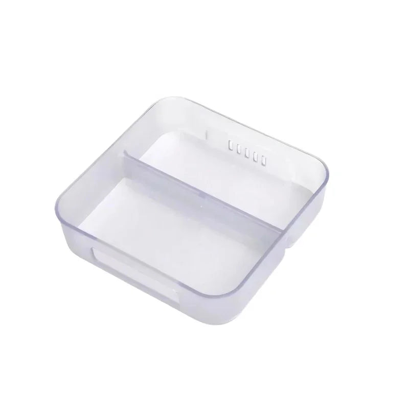 Translucent frosted plastic dual-compartment organizer tray for car interior storage.