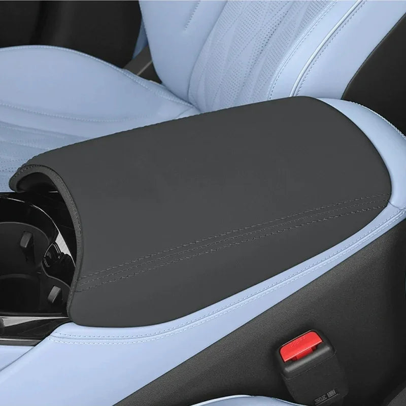 Black PU leather center console armrest cover for BYD, providing durable protection.