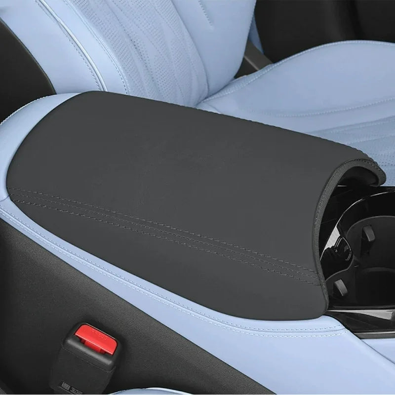 Black premium PU leather armrest cover for BYD, featuring durable stitching and soft texture.