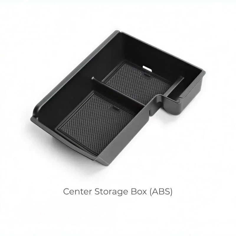 Black ABS plastic center console storage box for car organization.