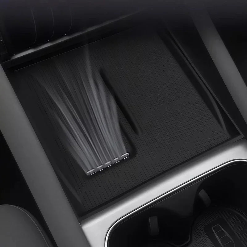 Black waterproof silicone center console tray mat for BYD car interior protection.