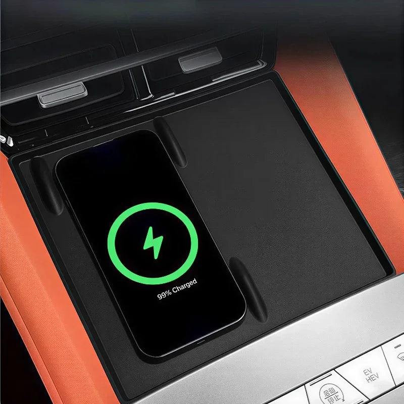 Black non-slip wireless charging pad for BYD, featuring a sleek matte finish and integrated phone slot.