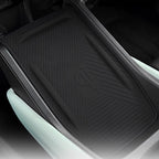Black textured TPE all-weather car floor mat with anti-slip ridges and branded logo.