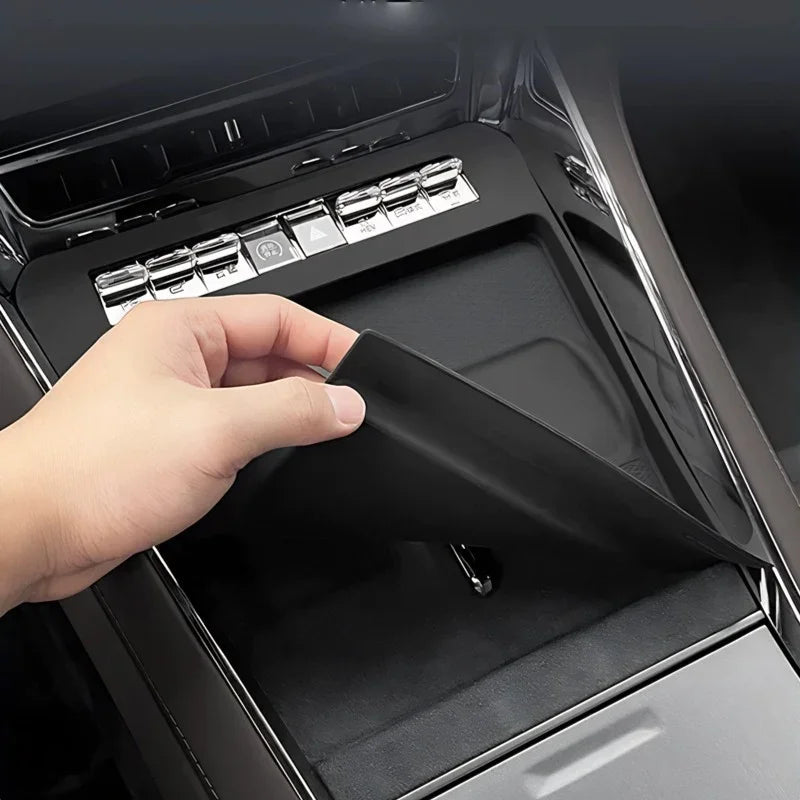 Black leather center console storage tray for BYD car interior protection.