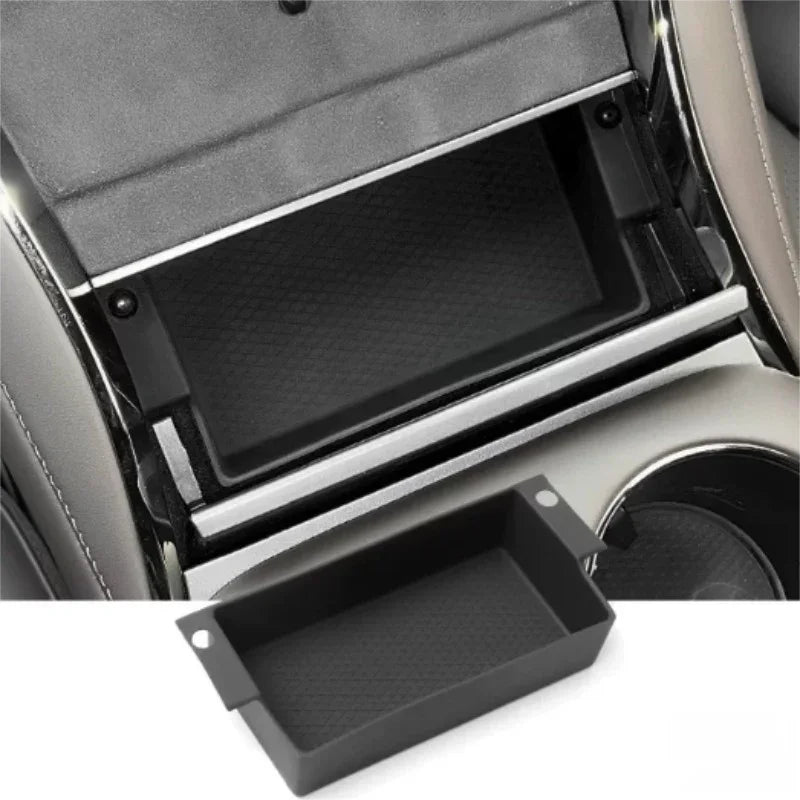 Black textured non-slip EVA organizer tray for BYD center console storage compartment.
