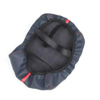 Dark grey faux leather car accessory with red stitching and interior strap