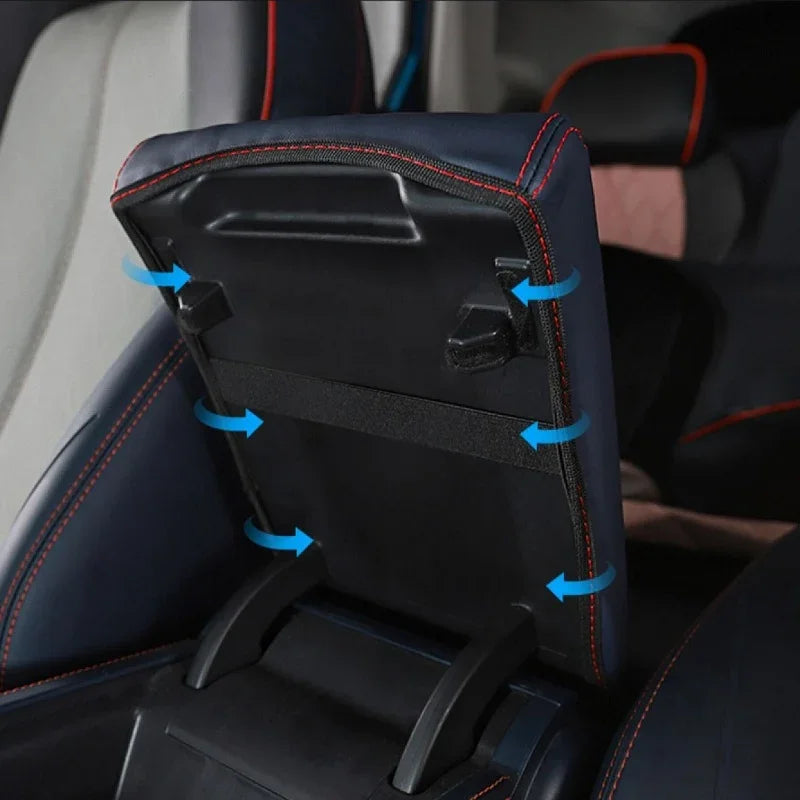 Navy blue leather center console armrest cover with red stitching for BYD interior.