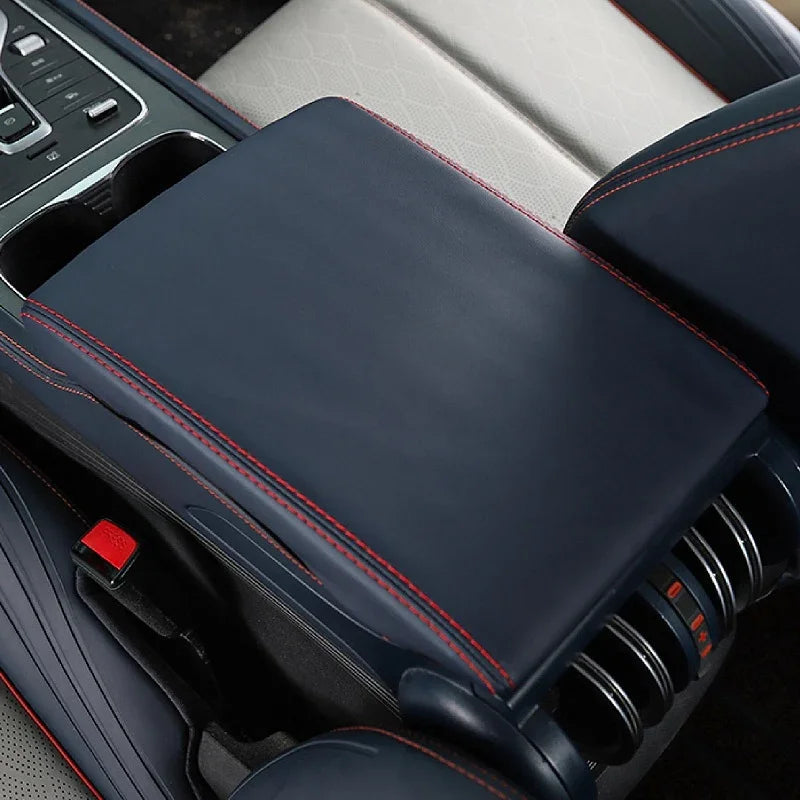 Navy blue leather center console armrest cover with professional red contrast stitching