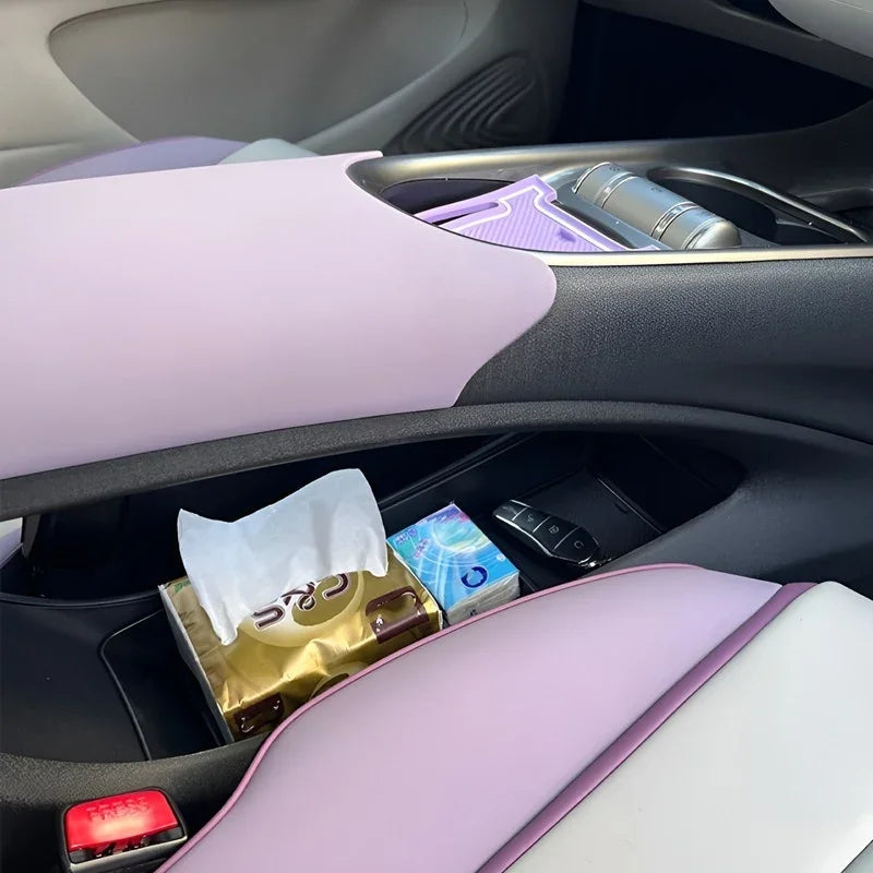 Premium lavender purple and white leather interior accessories for BYD car cabin storage.