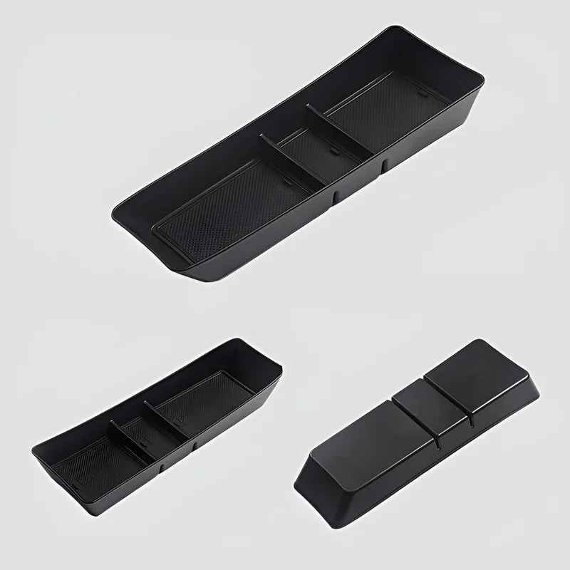Black premium matte plastic center console organizer tray for BYD vehicle interior storage.