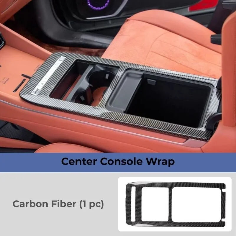 Black carbon fiber texture center console wrap for premium car interior protection.