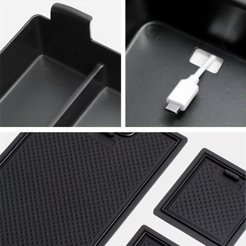 Black textured TPE car floor mats and custom-fit center console organizer tray.