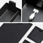 Black textured TPE car floor mats and custom-fit center console organizer tray.