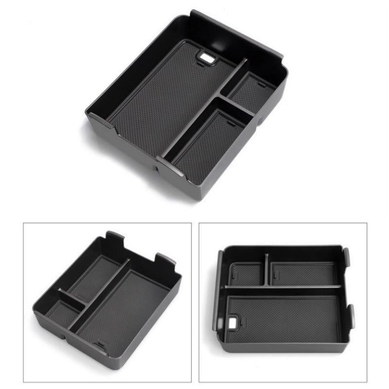 Black anti-slip silicone center console organizer tray for BYD car interior storage.