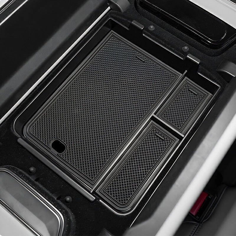Black textured TPE trunk organizer tray for custom-fit car cargo protection.