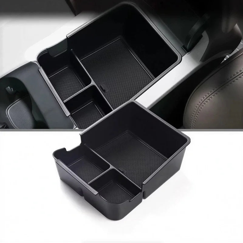 Black matte-finish multi-compartment car center console organizer tray for BYD models.