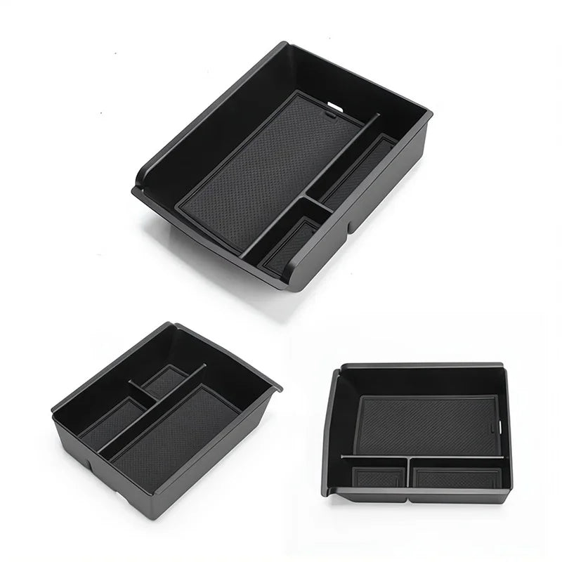 Black textured non-slip car center console organizer tray for BYD accessories.