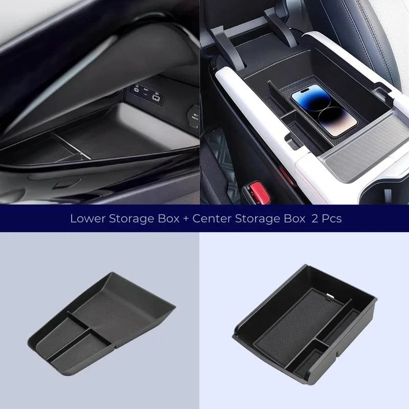 Black matte plastic lower and center console storage box organizer set for BYD interiors.