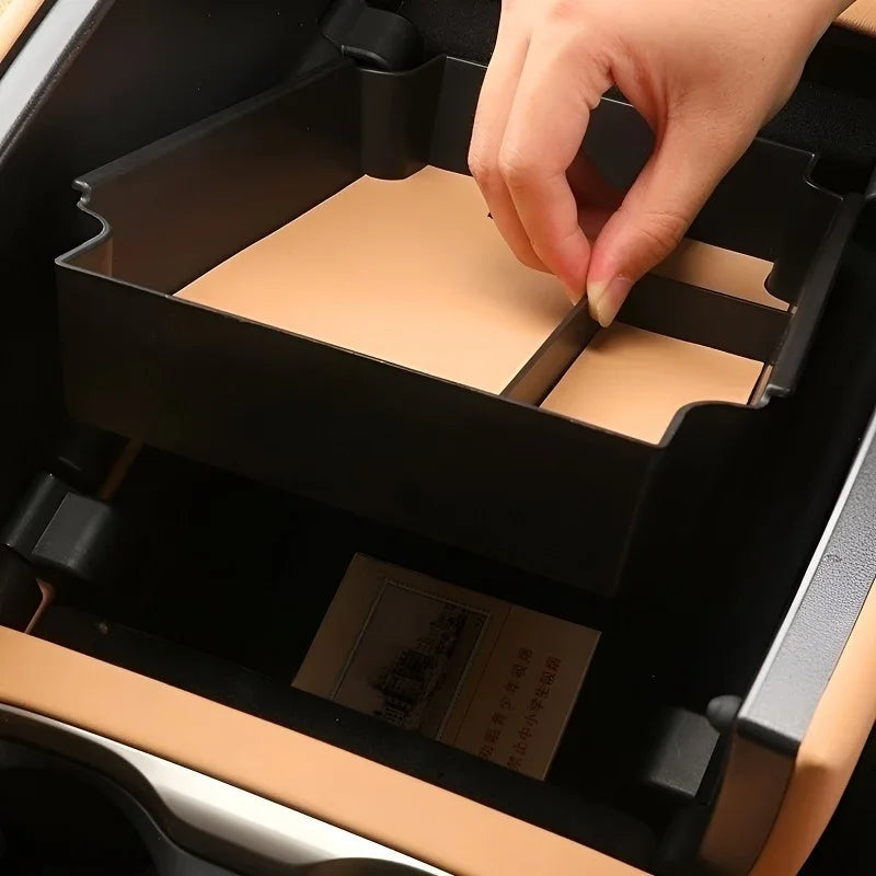 Black matte car center console organizer tray with tan interior lining for BYD vehicles