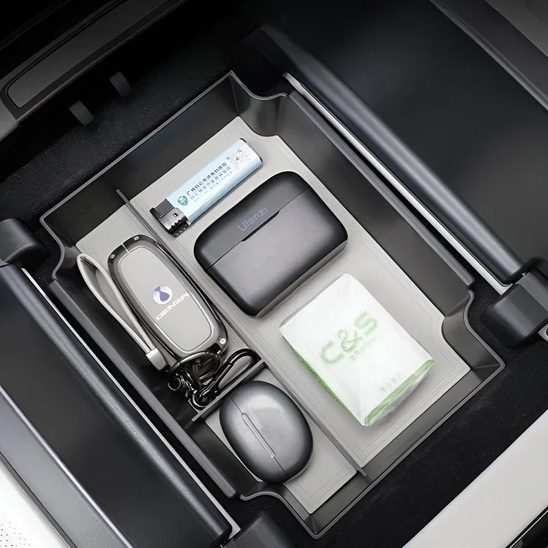 Professional grey center console organizer tray for BYD, made of durable matte plastic.