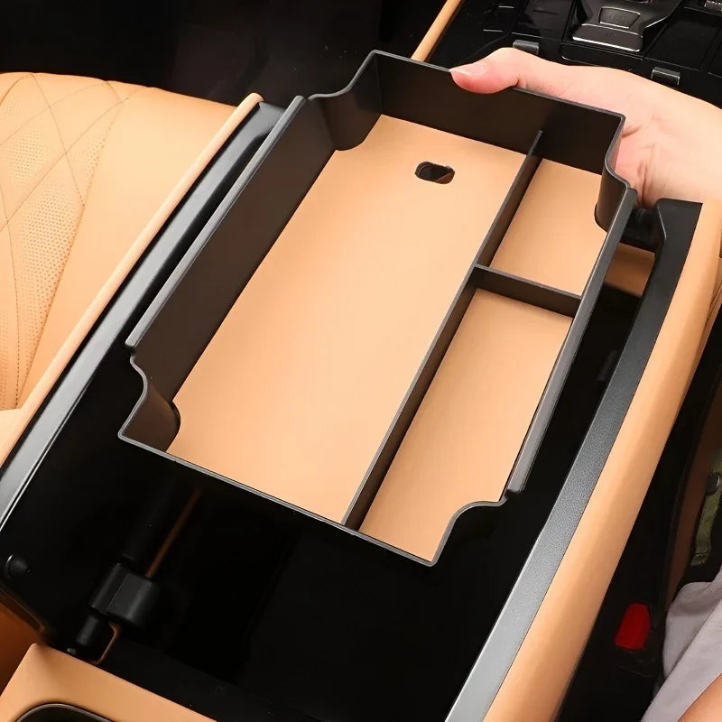 Black ABS plastic center console organizer tray with tan interior for BYD car interior.