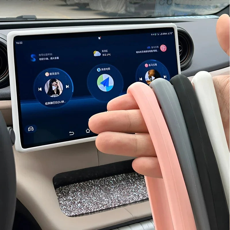 Silicone screen protector strips for BYD car display in pink, grey, black, and white.