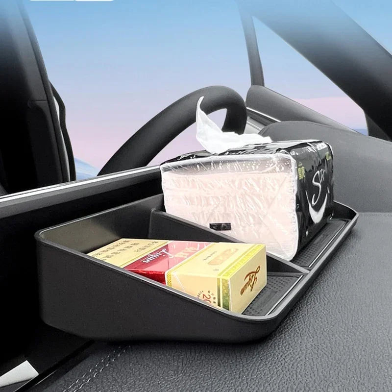 Black PU leather car center console organizer tray holding tissues and small items.