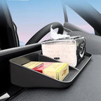 Black PU leather car center console organizer tray holding tissues and small items.