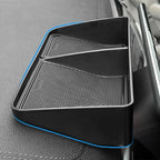 Black dual-compartment car center console organizer tray with blue trim edges.