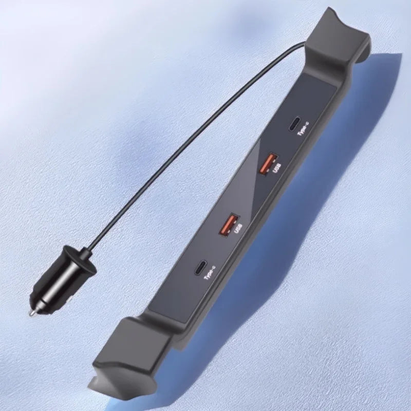 Black car charger adapter featuring dual USB and Type-C ports for efficient device charging.