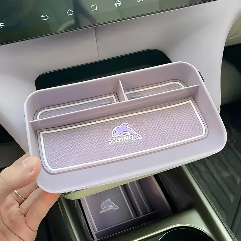 Light purple BYD Dolphin center console organizer tray made of durable matte material.