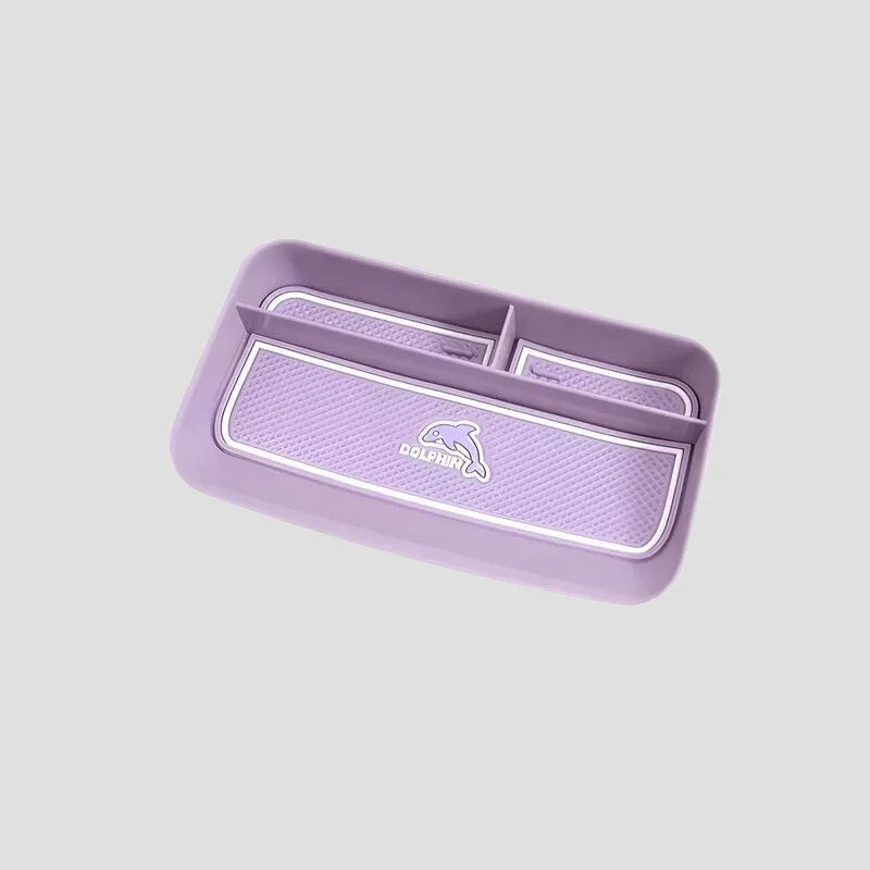 Lavender purple non-slip silicone car organizer tray with dolphin motif for BYD accessories.