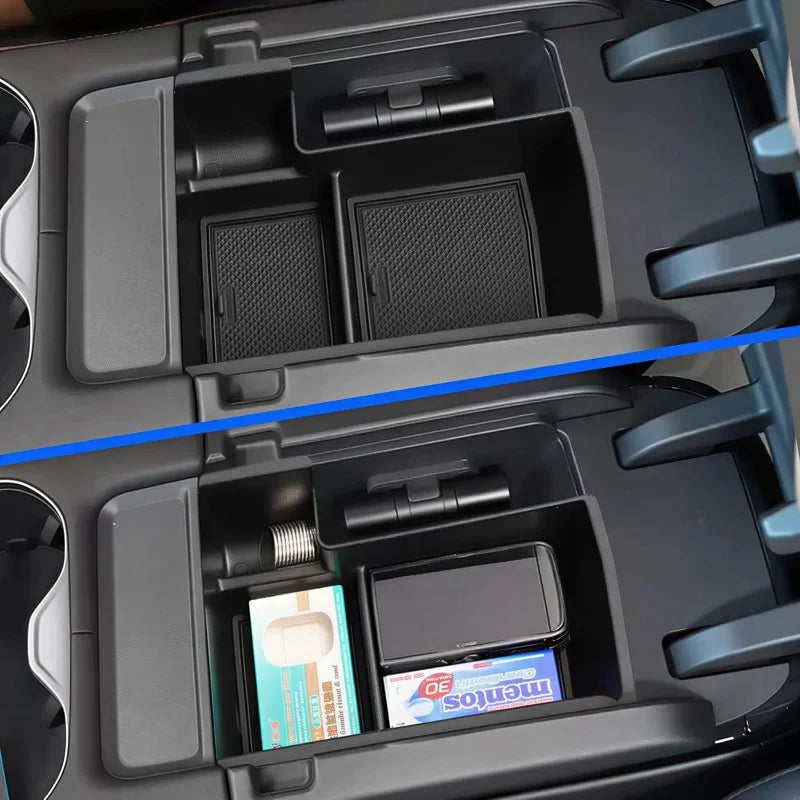 Black durable plastic center console organizer tray for BYD car interior storage.
