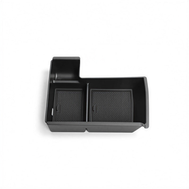 Black matte-finish dual-compartment car center console organizer tray.