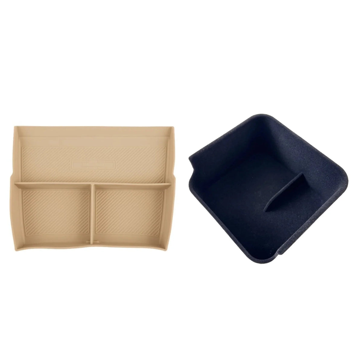Set of BYD car center console organizers in beige and black textured silicone materials.