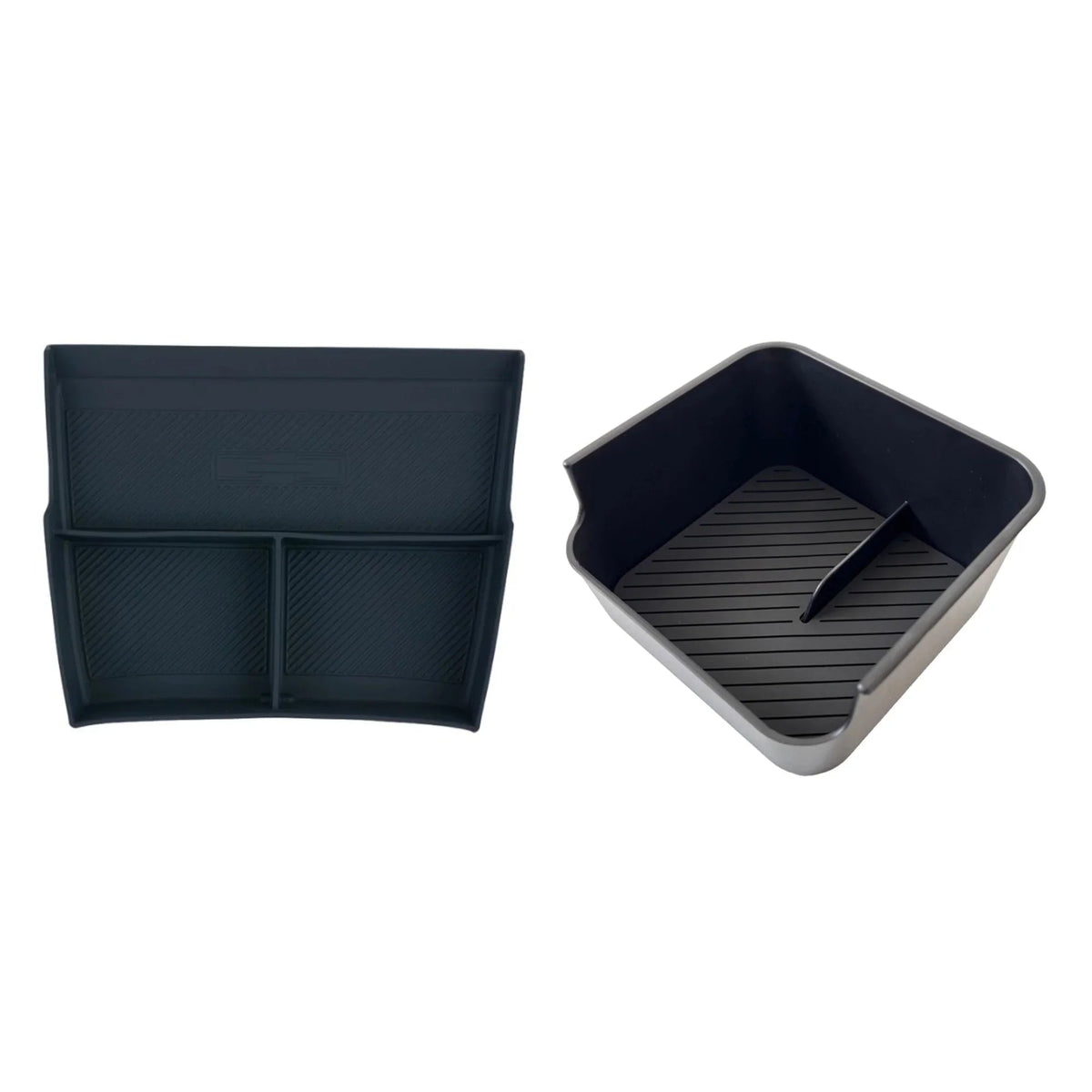 Pair of matte black durable plastic car door storage organizers with ribbed interior bases.
