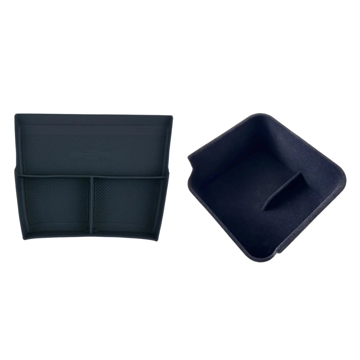 Two black silicone center console organizer trays for BYD cars, featuring multi-compartment design.
