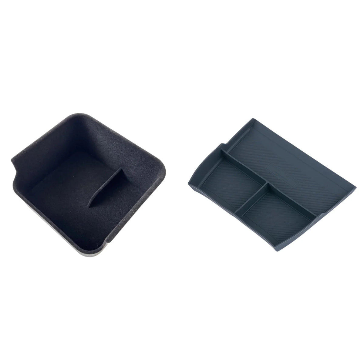 Black felt center console tray and matching silicone organizer insert for car interior.