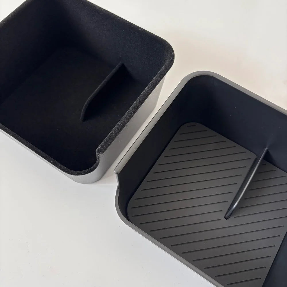 Black matte organizer tray with non-slip silicone lining and felt interior for BYD accessories.