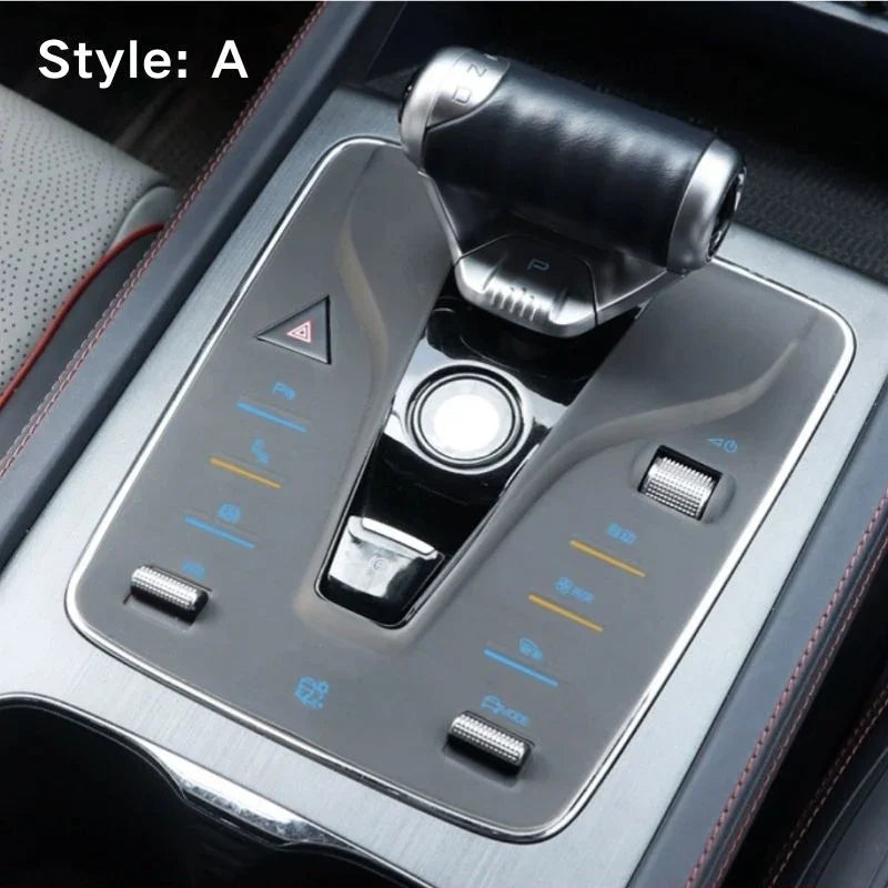 Silver brushed metal center console trim for BYD with premium black leather gear shifter.