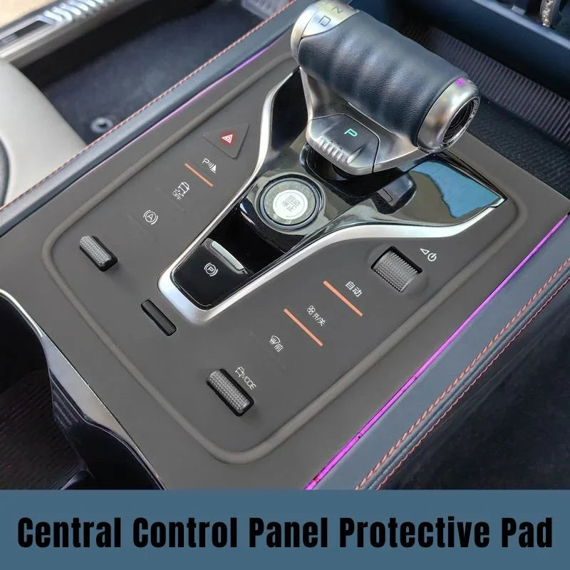 Black matte protective pad for car central control panel with precise cutouts.
